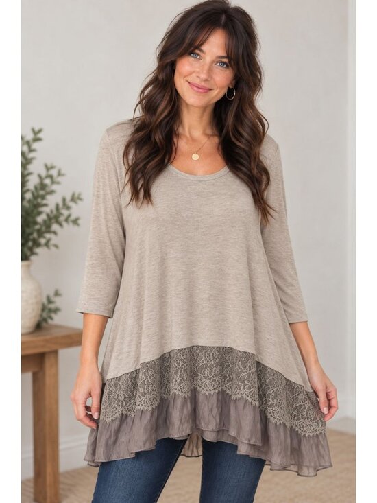 LOGO by Lori Goldstein Tops - LOGO Lounge Lori Goldstein Oatmeal Lace Satin Layered Hem 3/4 Sleeve Tunic 2X